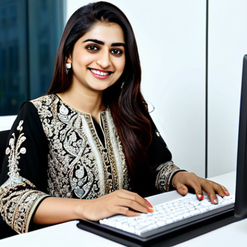 **

"A Pakistani woman, early 30s, professional attire: shalwar kameez with intricate embroidery, working at a modern office desk, laptop in front, smiling warmly, natural lighting, soft focus background, fully clothed, modest, appropriate content, safe for work, perfect anatomy, correct proportions, professional portrait, high quality."

**