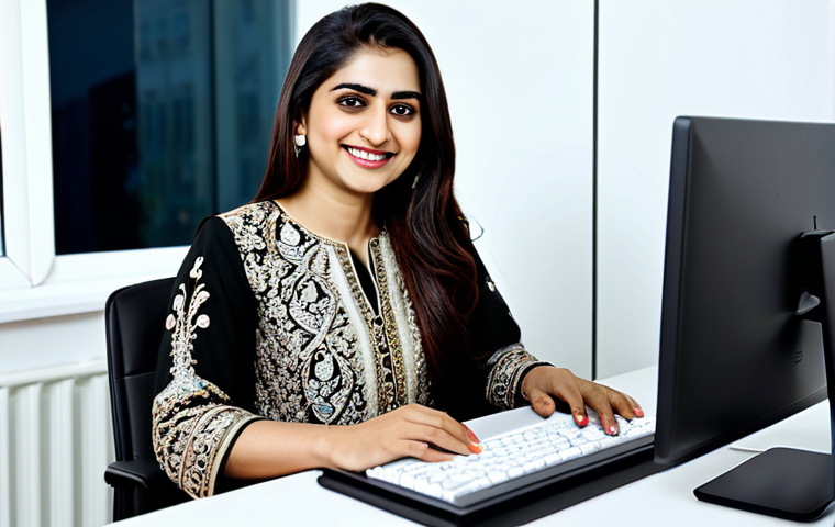 **
"A Pakistani woman, early 30s, professional attire: shalwar kameez with intricate embroidery, working at a modern office desk, laptop in front, smiling warmly, natural lighting, soft focus background, fully clothed, modest, appropriate content, safe for work, perfect anatomy, correct proportions, professional portrait, high quality."
**