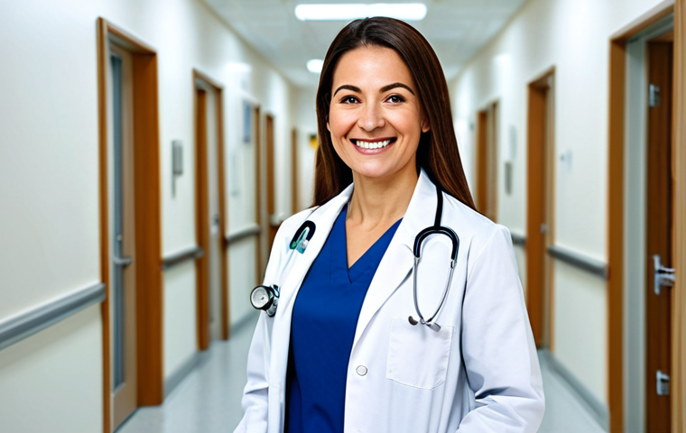 **
A professional female doctor in a modest lab coat, smiling warmly in a bright, modern hospital hallway. Fully clothed, appropriate attire, safe for work. Perfect anatomy, correct proportions, natural pose, well-formed hands, proper finger count, natural body proportions, professional photography, high quality, family-friendly.
**